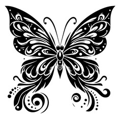 Ornate Black Butterfly Silhouette with Swirling Designs.