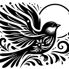 Stylized Black and White Bird with Floral Elements.