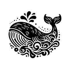 Stylized Black Whale with Water Splashes and Swirls.