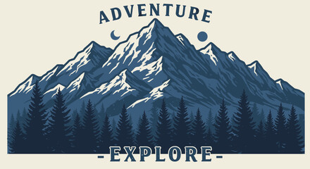 Mountain adventure design with snowy peaks and pine forest landscape