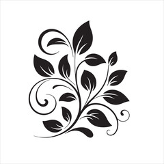 Black floral design with swirls and leaves on a white background art