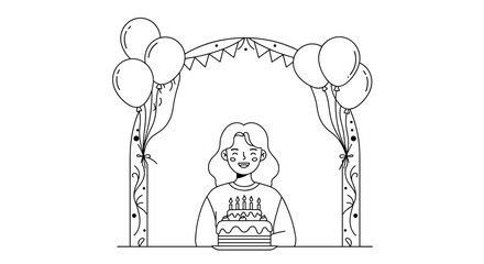 Celebration scene with balloons and cake in minimalist style line art drawing