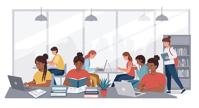 Modern study group gathering in a cozy library with diverse students collaborating - Powered by Adobe