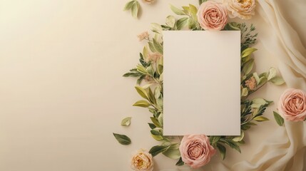 wedding invitation with lush floral wreath and calligraphy on elegant cream background