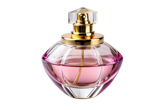 A luxurious glass perfume bottle with gold accents and pink liquid stands elegantly, isolated on a transparent background