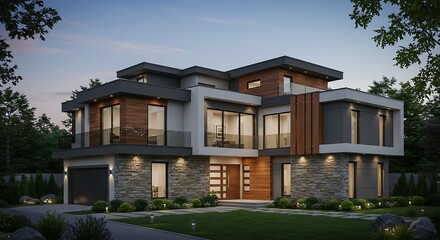 Fototapeta premium A modern architectural home with a blend of stone and wood elements is illuminated at dusk