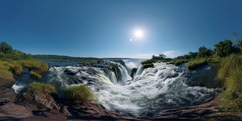 Fototapeta premium Waterfall adventure nature 360 degrees hdr panorama in vibrant landscape environment