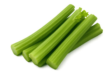 Four celery stalks, freshly cut and vibrant green, are arranged on a transparent background, emphasizing their crispness and health benefits