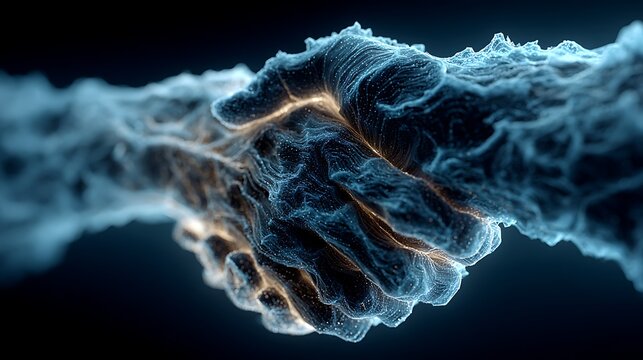Abstract depiction of a handshake with glowing energy lines forming the hands against a dark blue background, symbolizing connection and agreement.