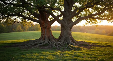 Two majestic trees intertwine roots on a green field at sunset.