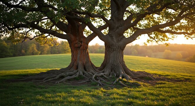 Two majestic trees intertwine roots on a green field at sunset.