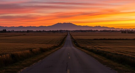 Naklejka premium A straight road leads through golden fields towards a mountain range under a fiery sunset
