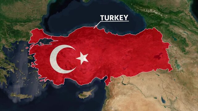 Zoom from Earth to Turkey. (Country Flag) World map animation with highlighted country borders. Satellite 3d world map animation highlights aerial views, tourism, and travel. 4k