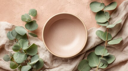 An empty beige ceramic bowl is placed on a soft linen cloth with eucalyptus leaves against a peach textured backdrop.