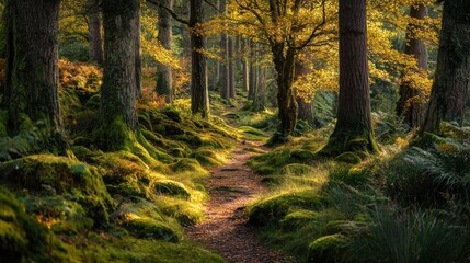 Obraz premium Sunlit forest path winding through mossy trees in autumn