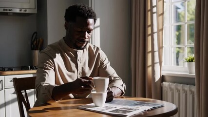 Black man drinking coffee and reading newspaper in kitchen - Powered by Adobe
