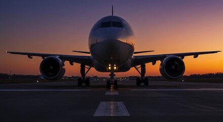 Obraz premium An airplane is parked on the runway as the sun sets, casting a warm glow over the scene