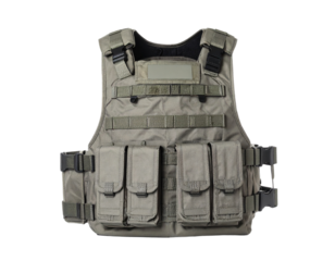 Military-style tactical vest with various pockets, isolated on white, for tactical, security, or outdoor concepts.