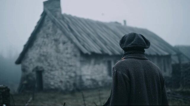 Man in medieval clothing standing near stone cottage on misty day. Historical drama scene. Atmospheric cinematic shot of peasant in rural setting. Dark moody period film