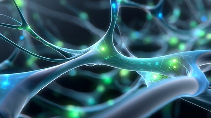 Abstract organic network with glowing nodes, transparent curved lines, and smooth gradients in green and blue, representing biotechnology, connectivity, or futuristic technology systems.