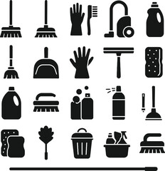 Household Cleaning Tools Silhouette Vector Set Collection EPS on White Background