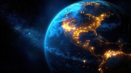 Planet earth rotating in space night north america at showing with city lights visible, a view from space
