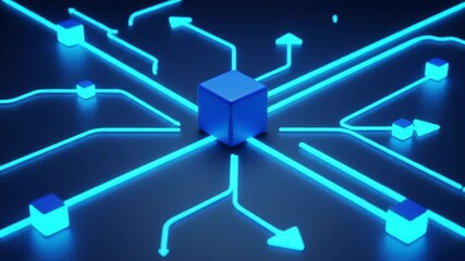 A 3D digital illustration of a glowing blue network diagram, representing business workflow, data exchange, decentralized systems, and digital communication in a futuristic style. - Powered by Adobe