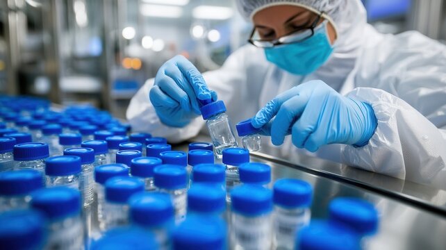 Medical a dressed in protective gear, carefully handling vials within a sterile environment of worker pharmaceutical manufacturing facility
