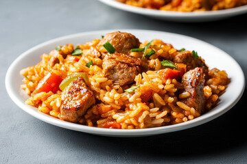 Delicious plate of jambalaya featuring rice, sausage, and vegetables, bursting with flavor and color