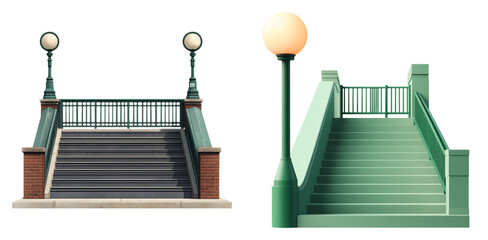 City staircase with metal railing and lamppost isolated on transparent PNG image perfect for urban access or architectural illustrations