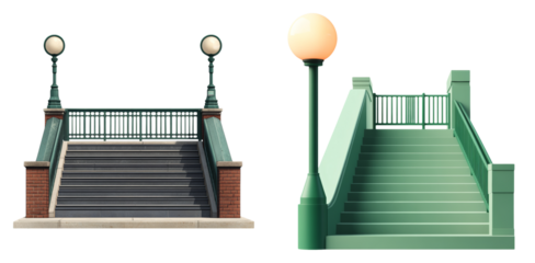 City staircase with metal railing and lamppost isolated on transparent PNG image perfect for urban access or architectural illustrations