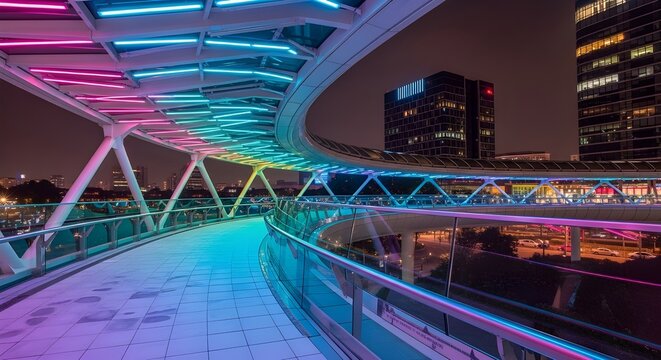  futuristic pedestrian bridge illuminated with vibrant neon and LED lights, reflecting on the modern cityscape at night, symbolizing urban life, technology, and the dynamic energy of a smart city.