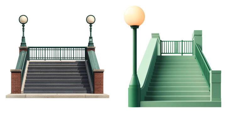 City staircase with metal railing and lamppost isolated on transparent PNG image perfect for urban access or architectural illustrations