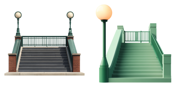 City staircase with metal railing and lamppost isolated on transparent PNG image perfect for urban access or architectural illustrations