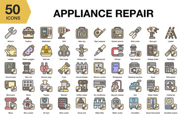 Appliance Repair flat icon set. Includes appliance, repair, service, technician, and More. Flat icons vector collection.