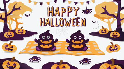 Happy halloween scene with pumpkins, ghosts, spiders, trees, and two cartoon monster characters