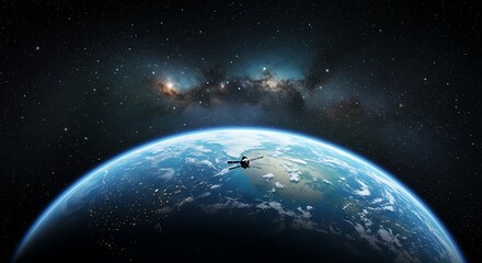 Fototapeta premium A satellite orbits earth against a backdrop of a stunning galaxy, symbolizing the intersection of human technology and cosmic wonder