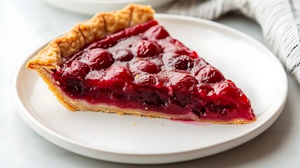 A slice of cherry pie with a glossy topping served on a white plate