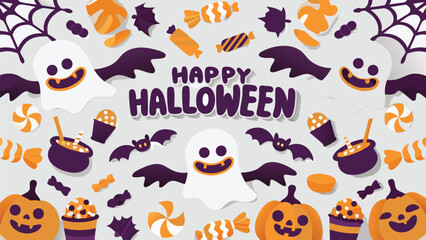 A festive halloween scene with ghosts, bats, pumpkins, candy and the words happy halloween spread across