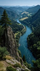 Scenic view of a winding river through a lush forested valley during daytime in a mountainous region