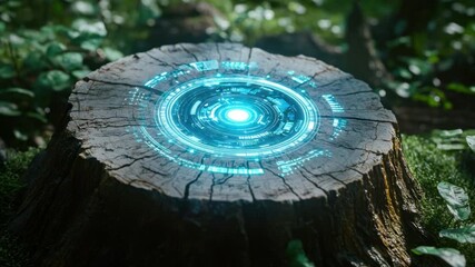 Digital Interface Projection on Tree Stump in Lush Green Environment - Powered by Adobe