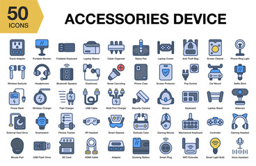 Accessories Device flat icon set. Includes accessories, device, gadget, tech, electronics, and More. Flat icons vector collection.