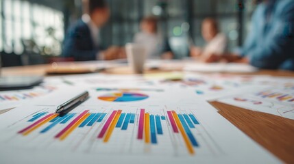 Business team discussing financial projections with multiple graphs close up, focus on, business planning, vibrant, Multilayer, executive office.