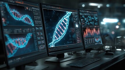 DNA helix monitors display. Glowing DNA helix displayed across multiple high-tech monitors, surrounded by a dark lab environment, futuristic genetic research concept.
