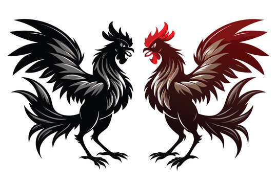 Two stylized roosters facing each other in black and red colors