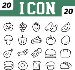 Twenty Food Icons A Collection of Line Art Illustrations of Various Food Items
