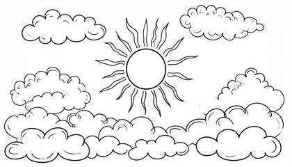 Minimalist black and white doodle of sun and clouds in landscape format
