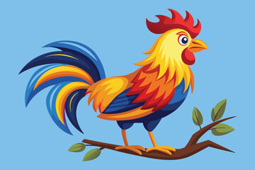 Fototapeta premium Colorful Cartoon Rooster Perched on a Branch Against a Blue Background