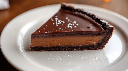 Decadent Chocolate Tart Slice with Salted Caramel Filling on a White Plate
