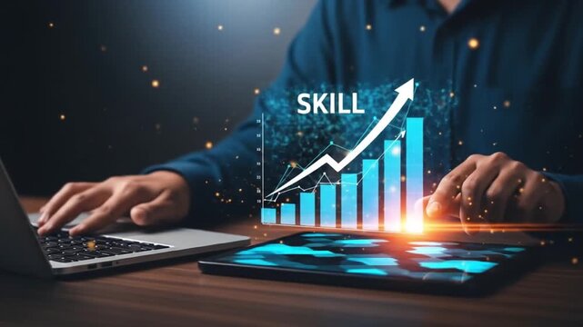 Up skill and personal development concept. employee pointing arrow to upskill or reskill, kill training, education, learning, ability, knowledge and competency for digital transformation.